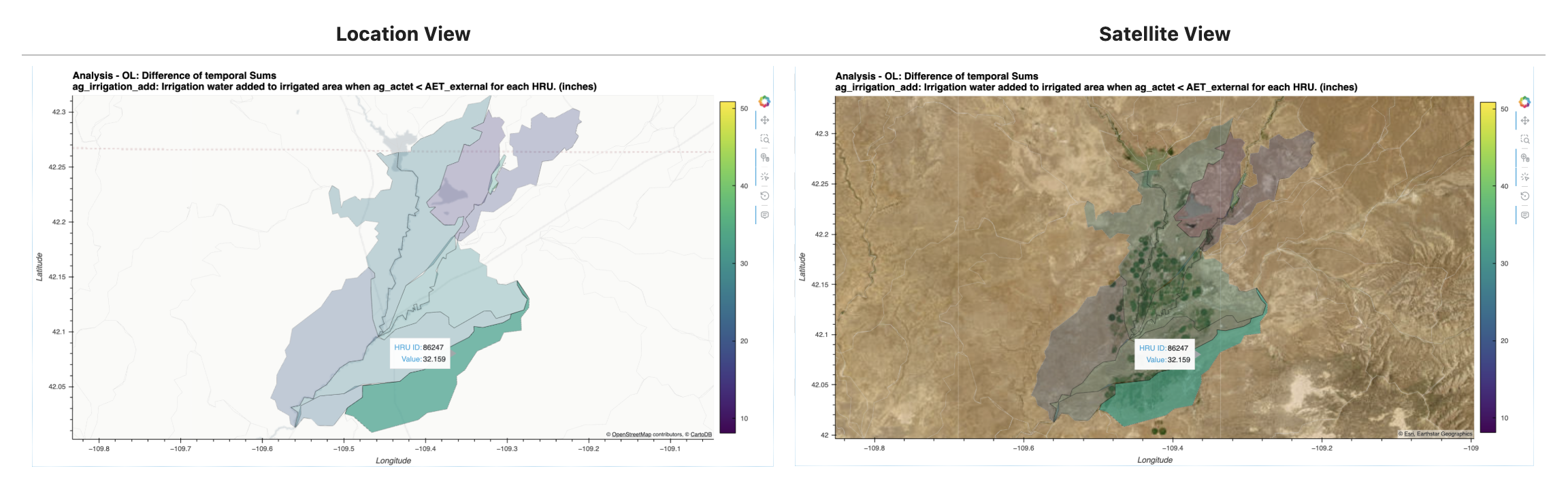Difference of summed irrigation water added per HRU, shown in location and satellite map views