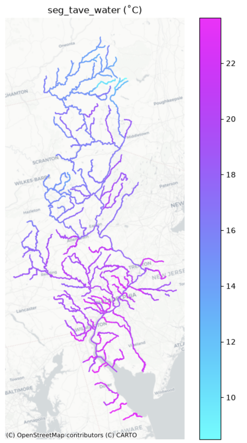 Mean stream water temperature mapped on the Delaware River Basin stream network